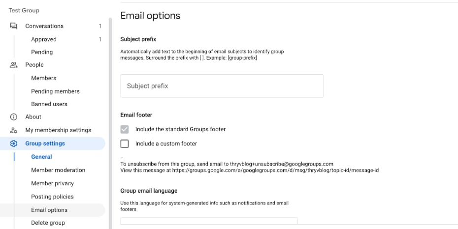 Email options for Google Groups